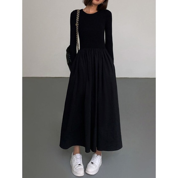 Commense Long Sleeve Maxi Dress Pockets A‎ Line Casual Elegant Black Dress M - Picture 5 of 6